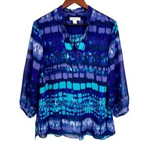 Coldwater Creek Sz XL 16 Sheer Blue Blouse Shirt Top Artsy Tropical Unique Beach